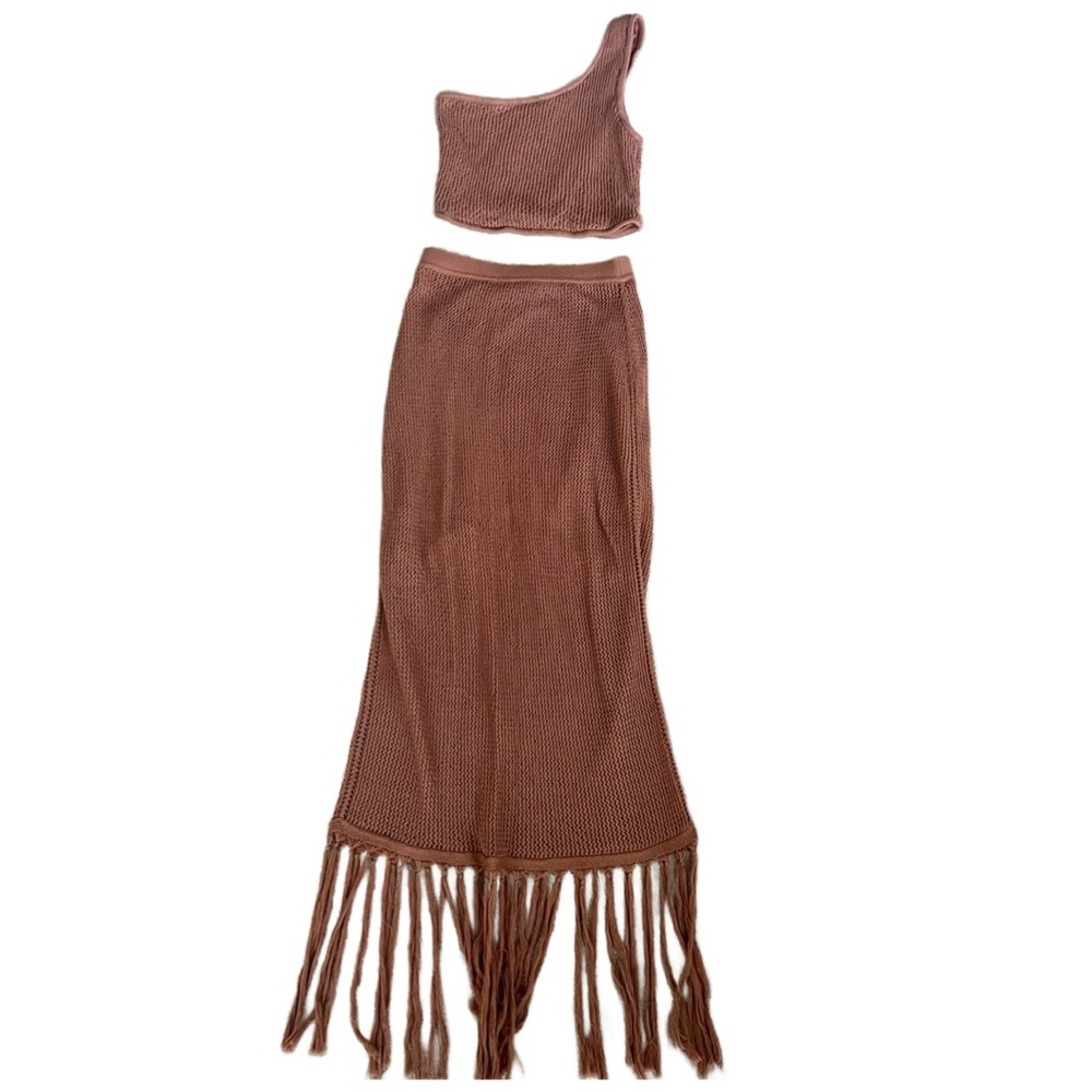 Clay One-Shoulder Crochet Crop Top & Fringe Maxi Skirt Set